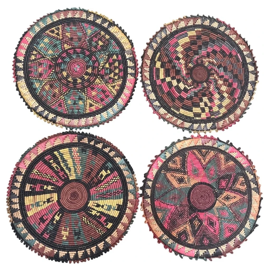 Vtg African Coiled Flat Baskets Set 4 Mismatched Geometric‎ Boho Trays Placemats
